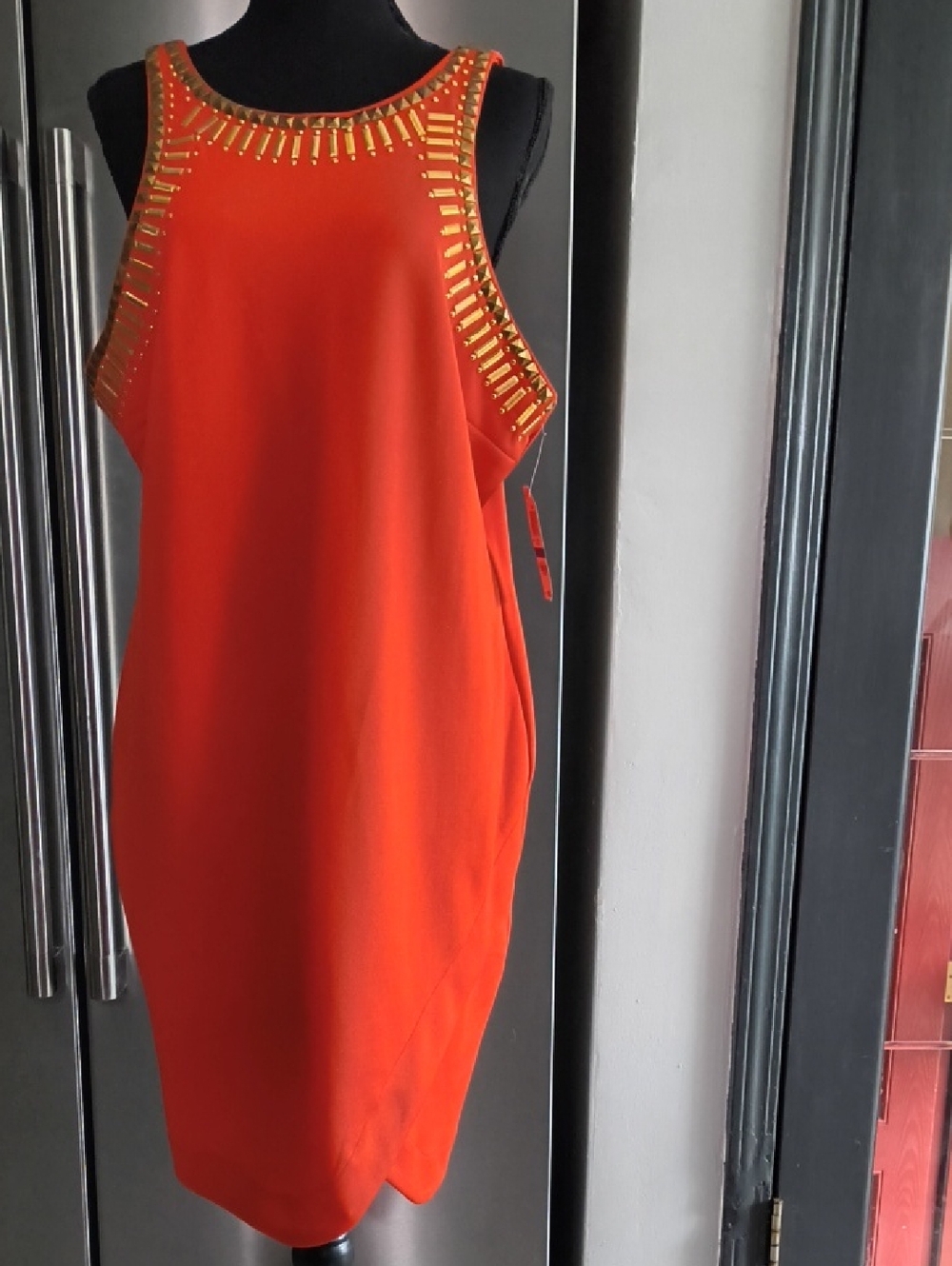 Thalia Sodi Orange Sleeveless Midi Dress with Gold Embellishment